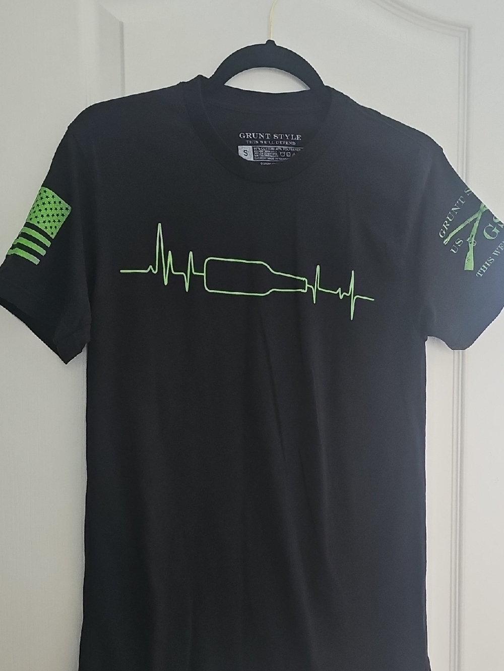 Grunt Style Black Short-Sleeve Tee with Neon Green Bottle Heartbeat Design